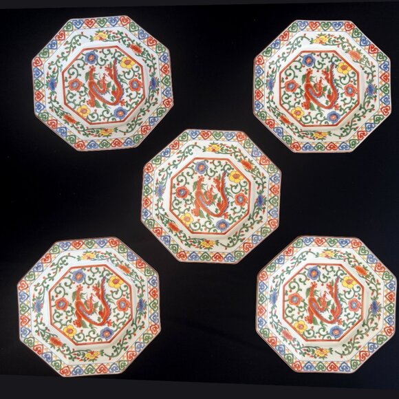 Set of 5 Vintage Otagiri Red Dragon Plates Octagon 7.25" Chinoiserie Japan 1960s - Picture 5 of 7